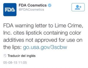 Tuit desde la cuenta oficial de la FDA anunciando la carta de advertencia a Lime Crime